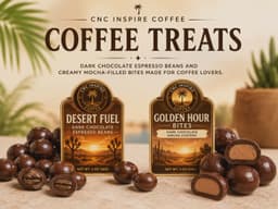Desert Fuel and Golden Hour Bites chocolate covered coffee beans